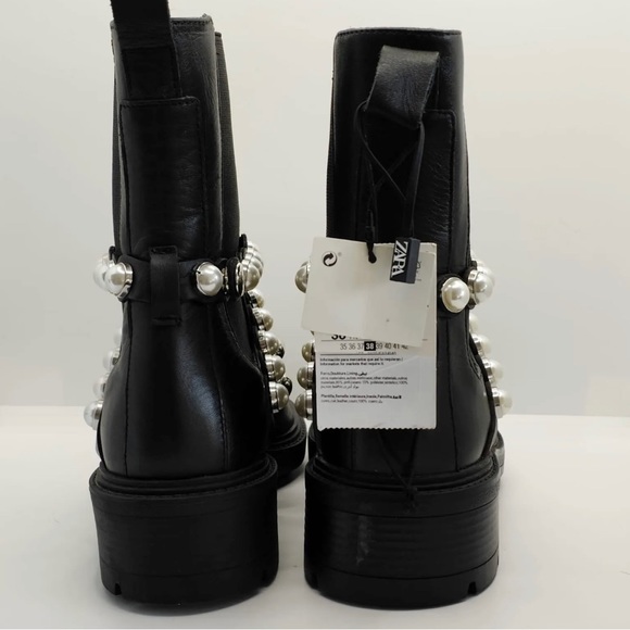 ZARA Pearl Embellished Strap Low Heeled Black Leather Biker Ankle Boots UK 5 38 - Picture 2 of 5